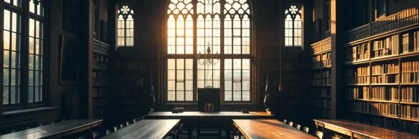 Sunlit university library with arched gothic windows and long wooden reading tables