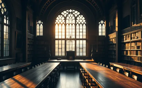 Sunlit university library with arched gothic windows and long wooden reading tables