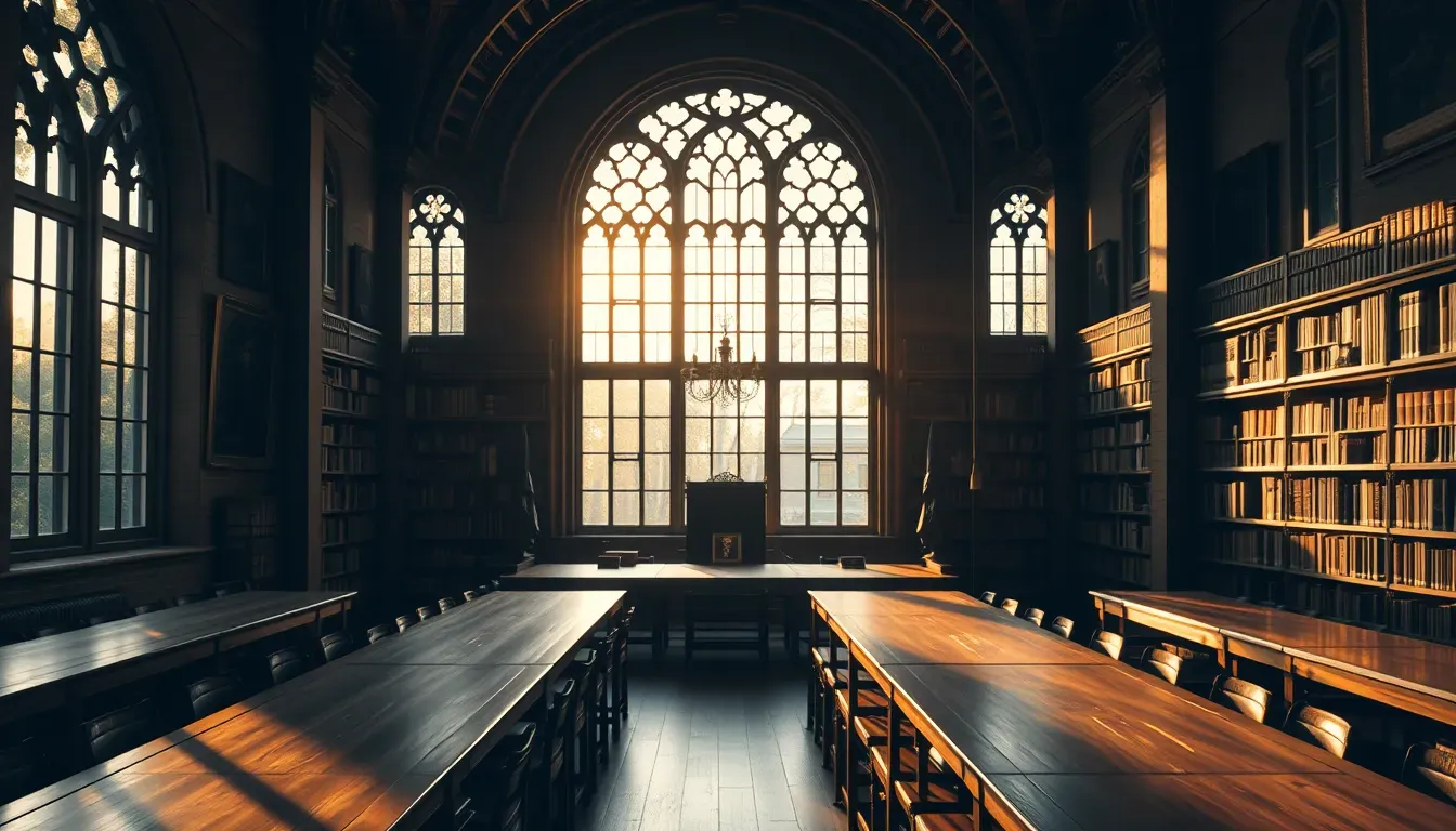 Sunlit university library with arched gothic windows and long wooden reading tables