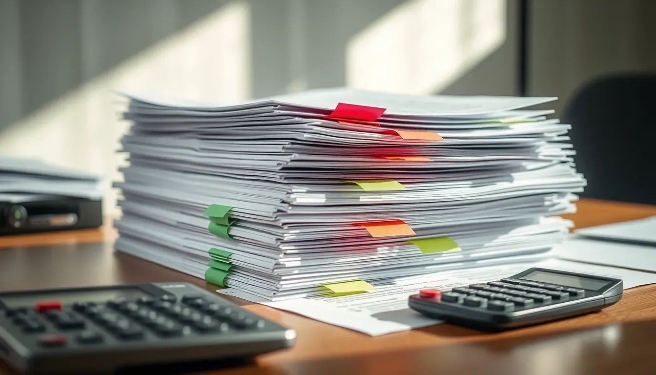 Thick stack of legal documents with coloured tabs and a calculator on an office desk