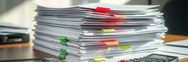 Thick stack of legal documents with coloured tabs and a calculator on an office desk