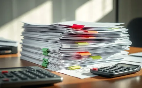 Thick stack of legal documents with coloured tabs and a calculator on an office desk