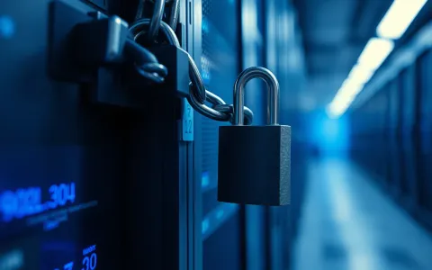 Heavy padlock and chain on a server rack in a blue-lit data centre
