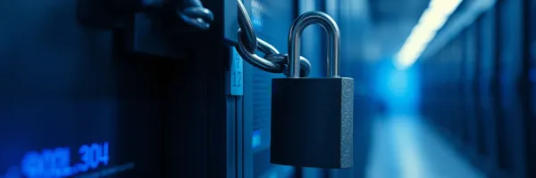 Heavy padlock and chain on a server rack in a blue-lit data centre