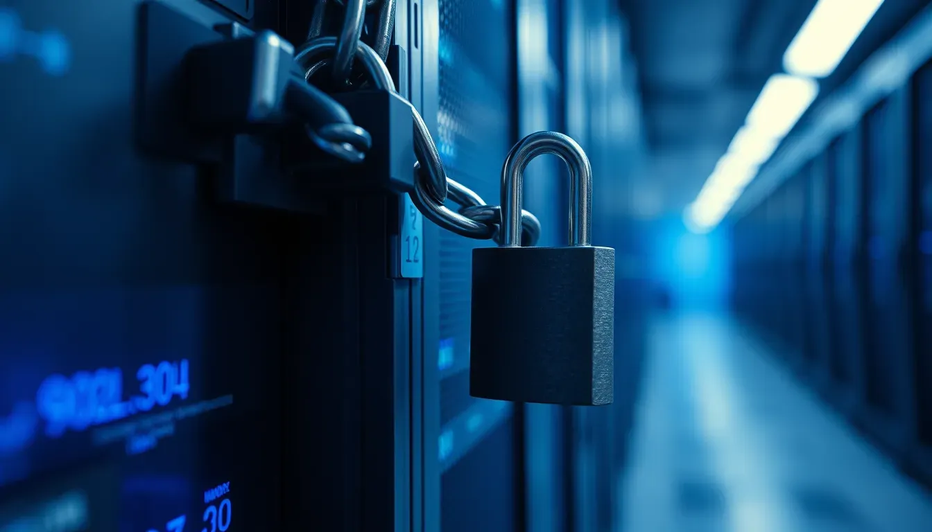 Heavy padlock and chain on a server rack in a blue-lit data centre