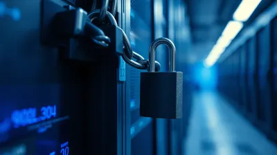 Heavy padlock and chain on a server rack in a blue-lit data centre